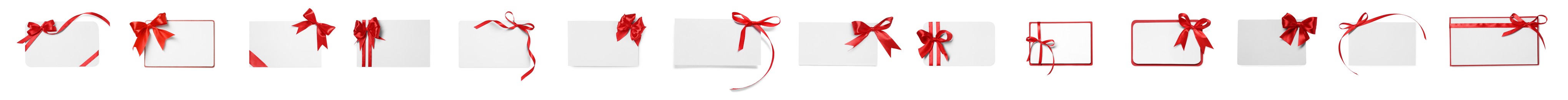 Image of Set of many different gift cards with red bows on white background, top view