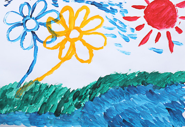 Child's painting of meadow with flowers on white paper