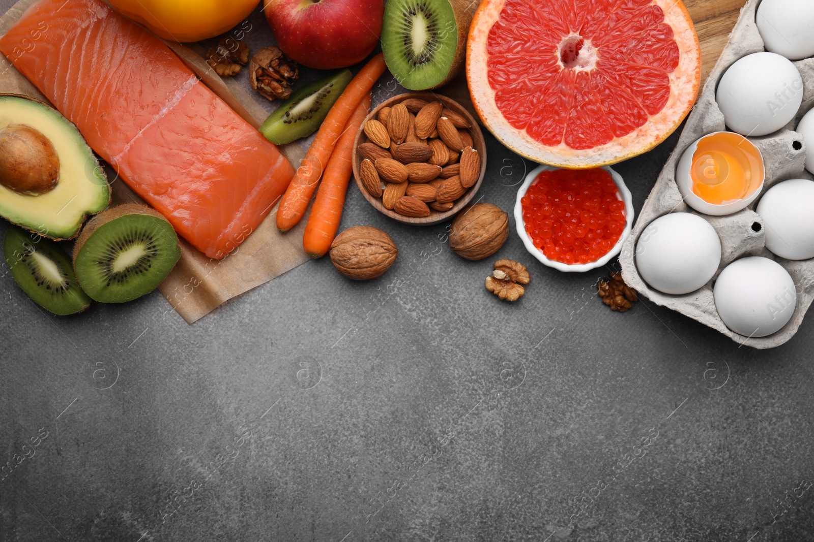 Photo of Many different products on brown table, flat lay with space for text. Natural sources of serotonin