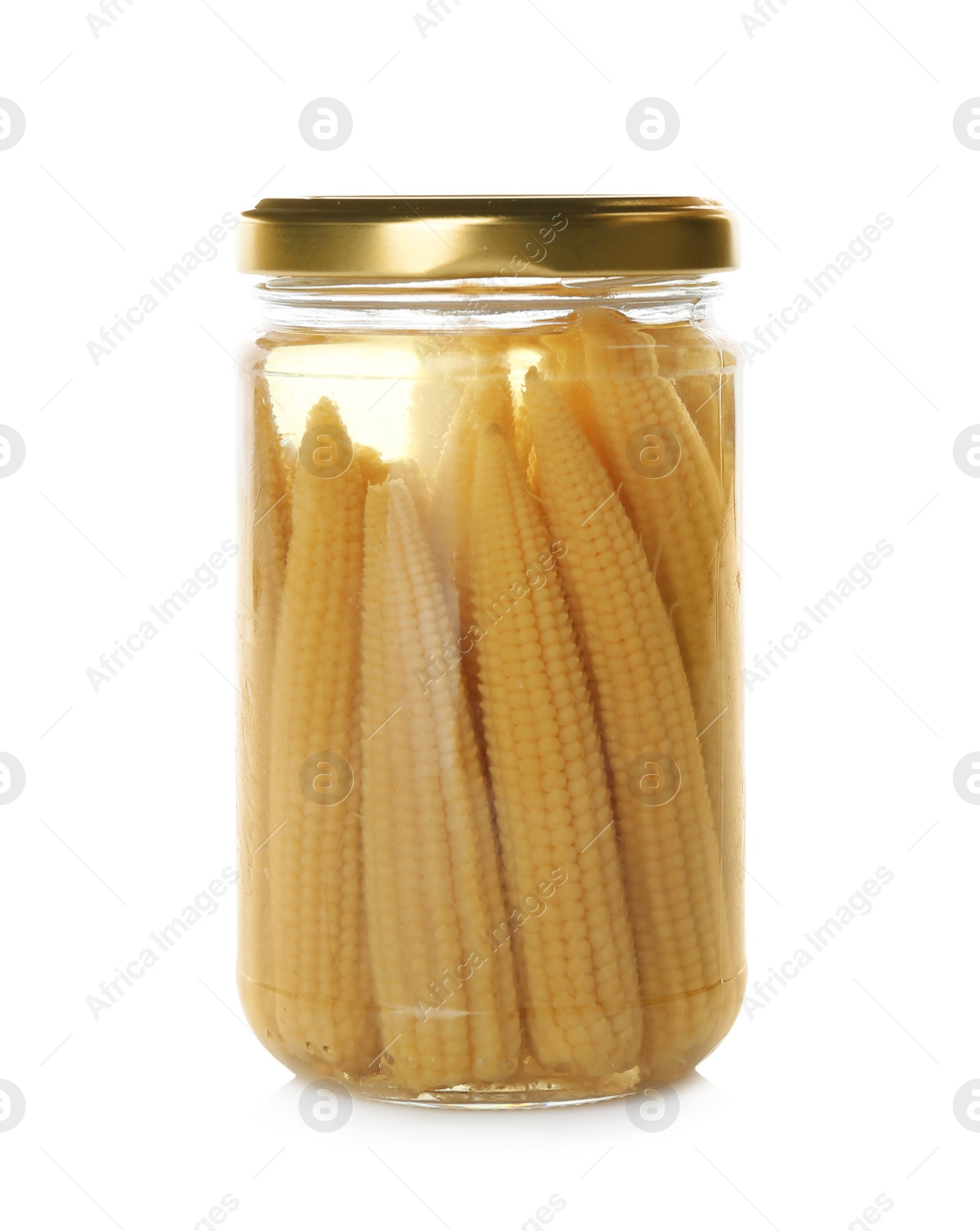Photo of Glass jar with pickled corn cobs isolated on white