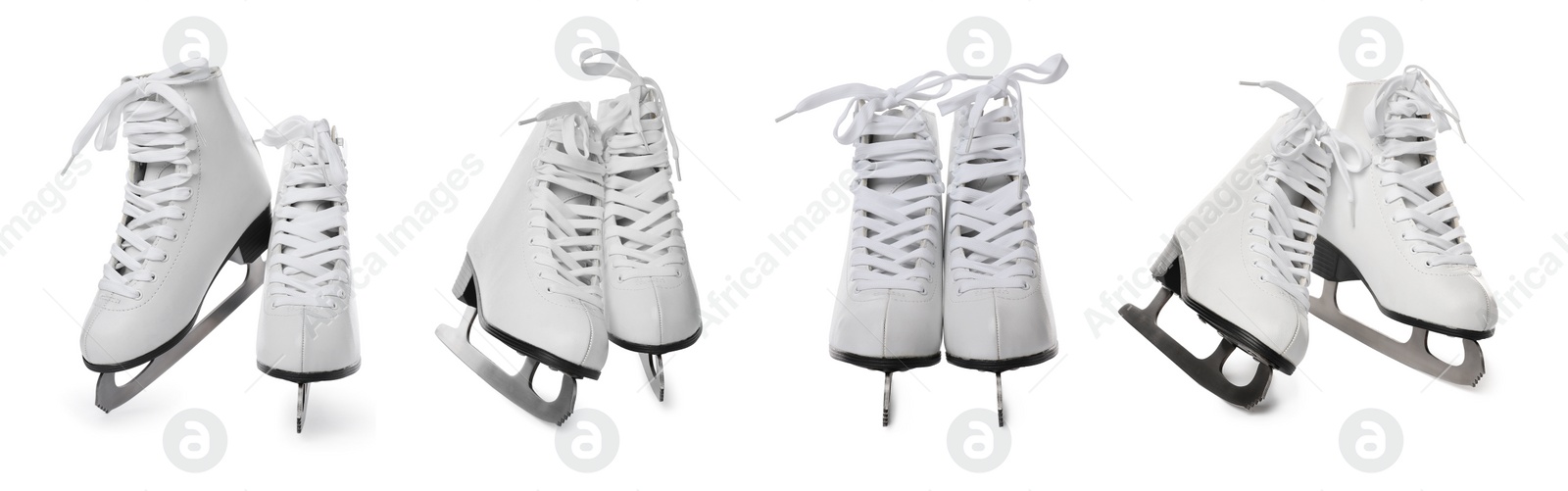 Image of Set with ice skates on white background. Banner design