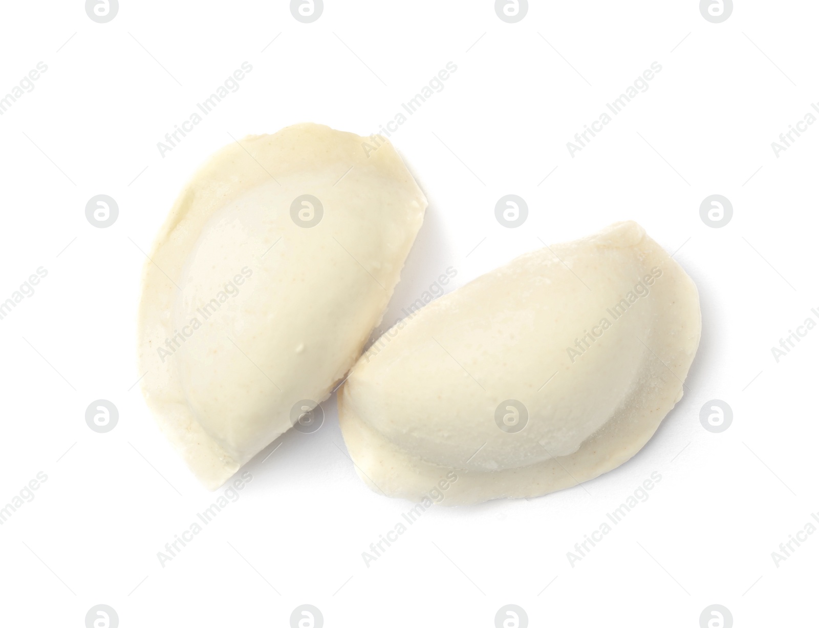 Photo of Raw dumplings on white background, top view