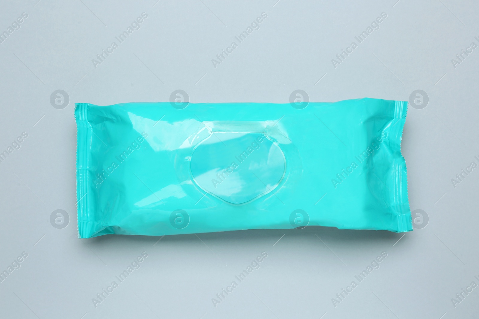 Image of Wet wipes flow pack on light grey background, top view