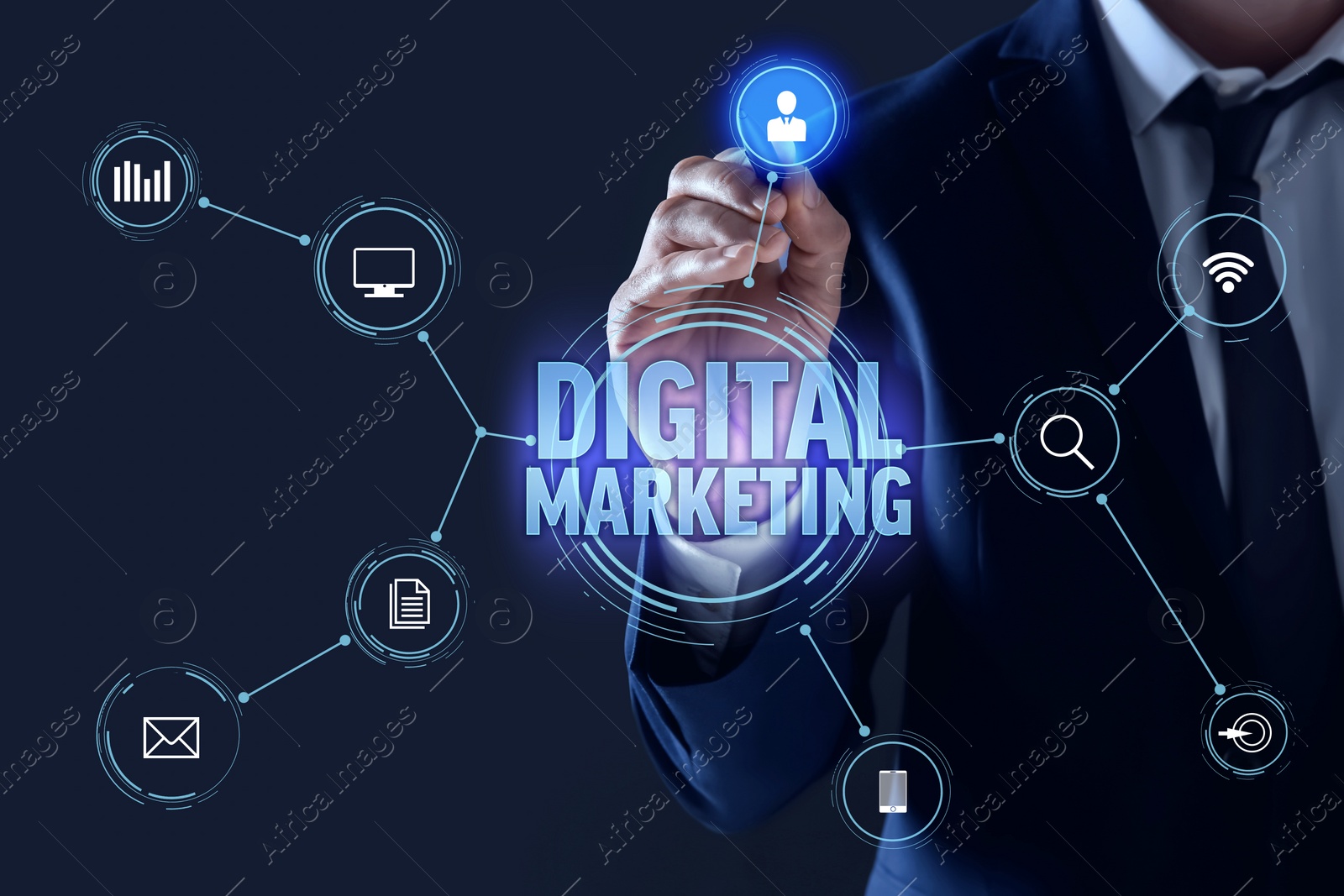 Image of Digital marketing. Businessman touching virtual screen with scheme, closeup