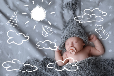 Sweet dreams. Cute little child sleeping, above view. Clouds, sun and other illustrations on foreground