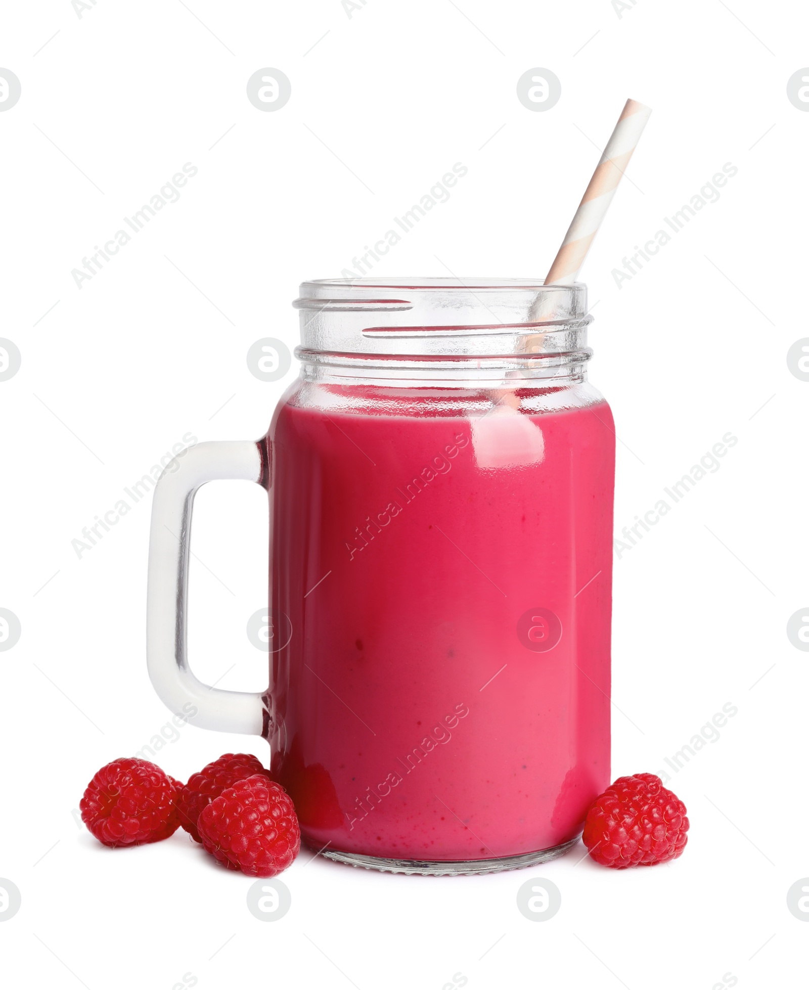 Photo of Mason jar of tasty raspberry smoothie and fresh fruits on white background