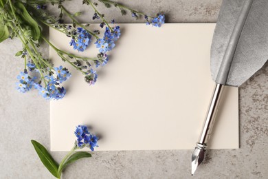 Photo of Beautiful Forget-me-not flowers, blank paper and feather pen on grey table, flat lay. Space for text