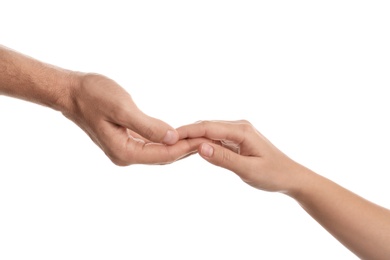 Photo of Man and woman holding hands on white background, closeup. Help and support concept