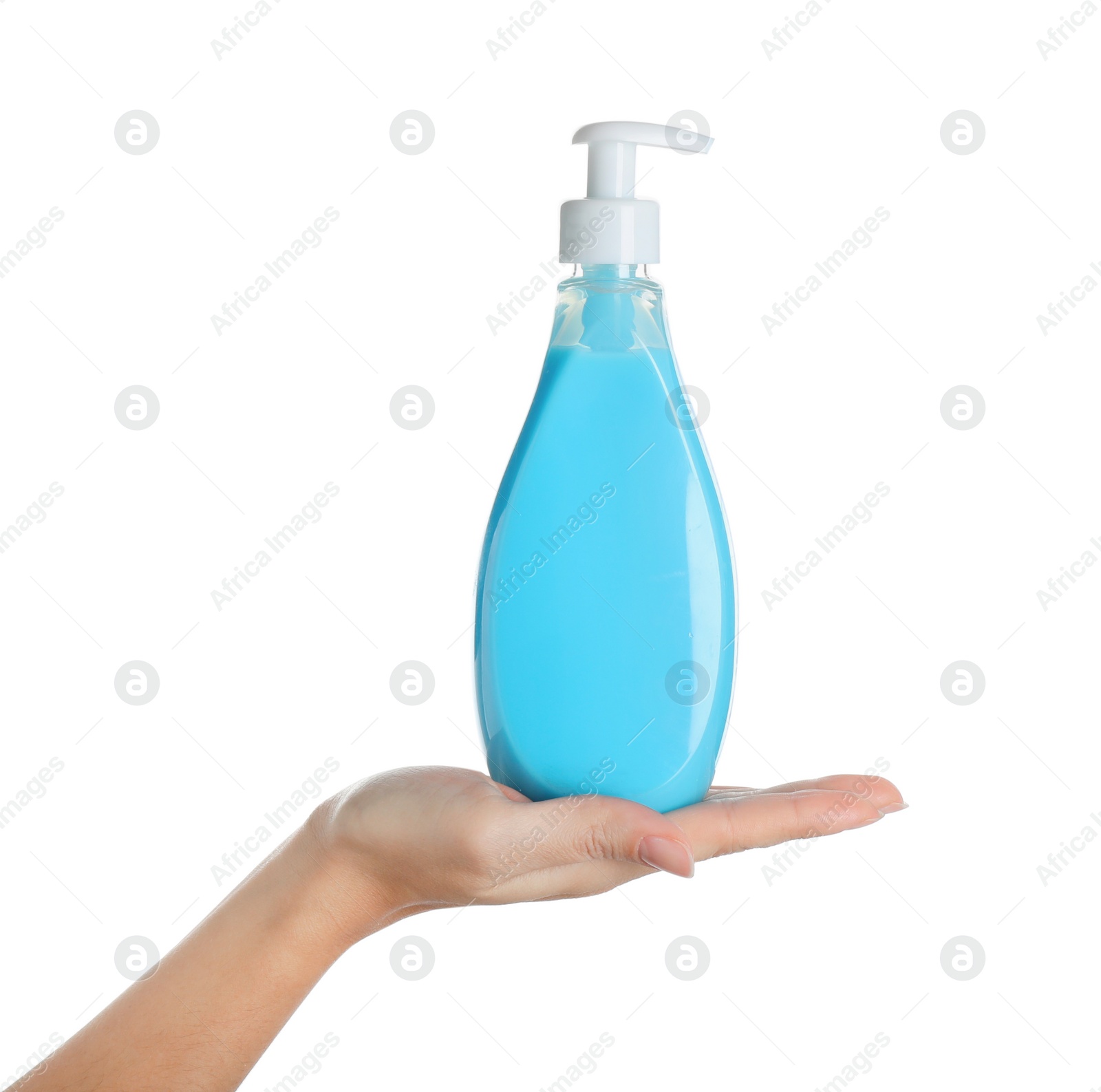 Photo of Woman holding liquid soap dispenser on white background, closeup