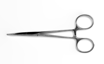 Surgical forceps on white background, top view. Medical tool