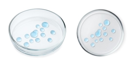 Image of Collage of Petri dish with liquid sample isolated on white, top and side views