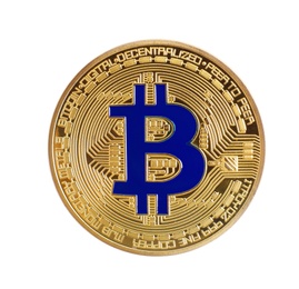 Photo of Bitcoin isolated on white, top view. Digital currency