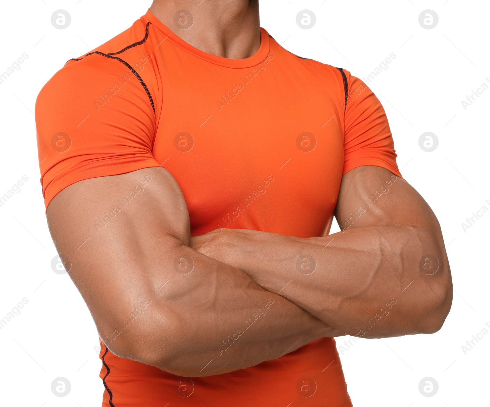 Photo of Young bodybuilder with muscular arms on white background, closeup