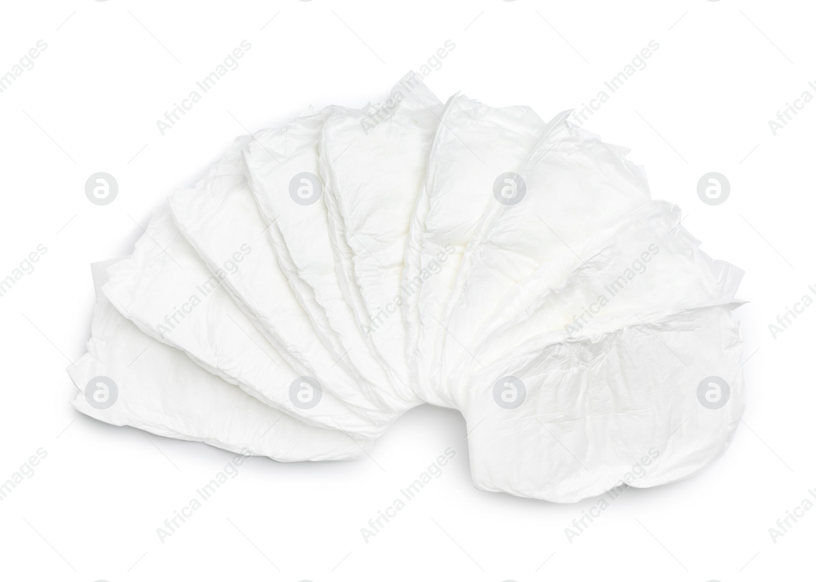 Photo of Baby diapers isolated on white, top view