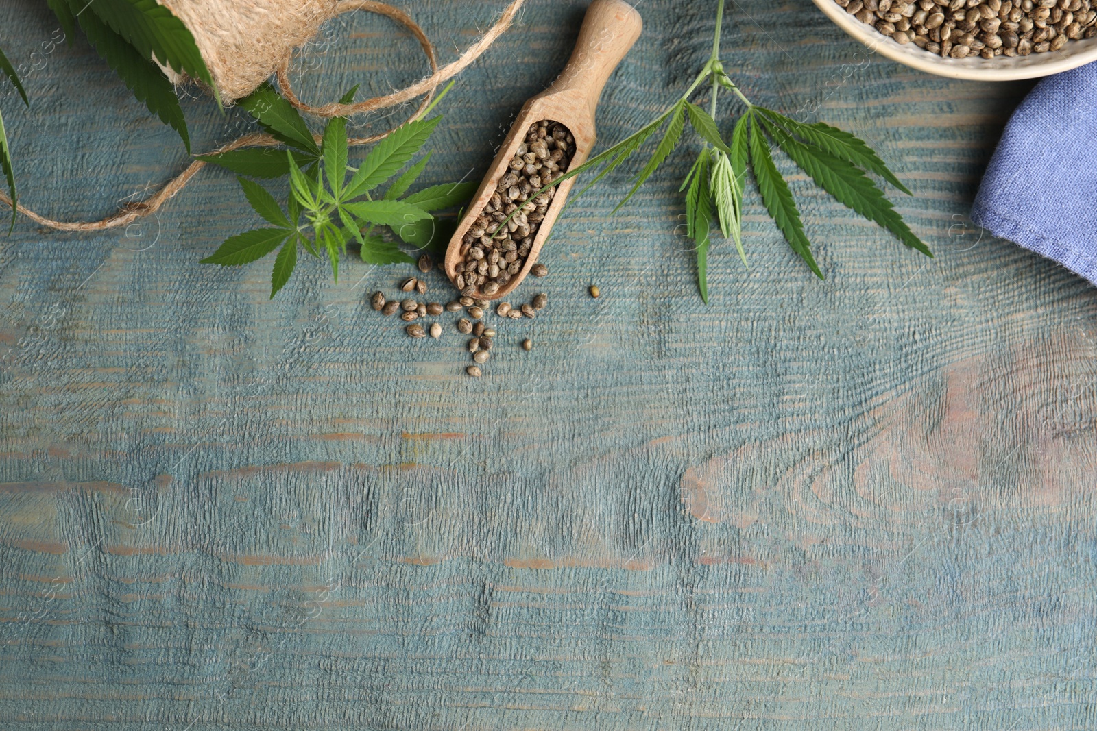 Photo of Flat lay composition with hemp seeds and leaves on light blue wooden table. Space for text