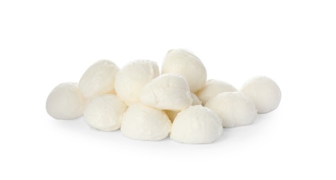 Photo of Pile of mozzarella cheese balls on white background