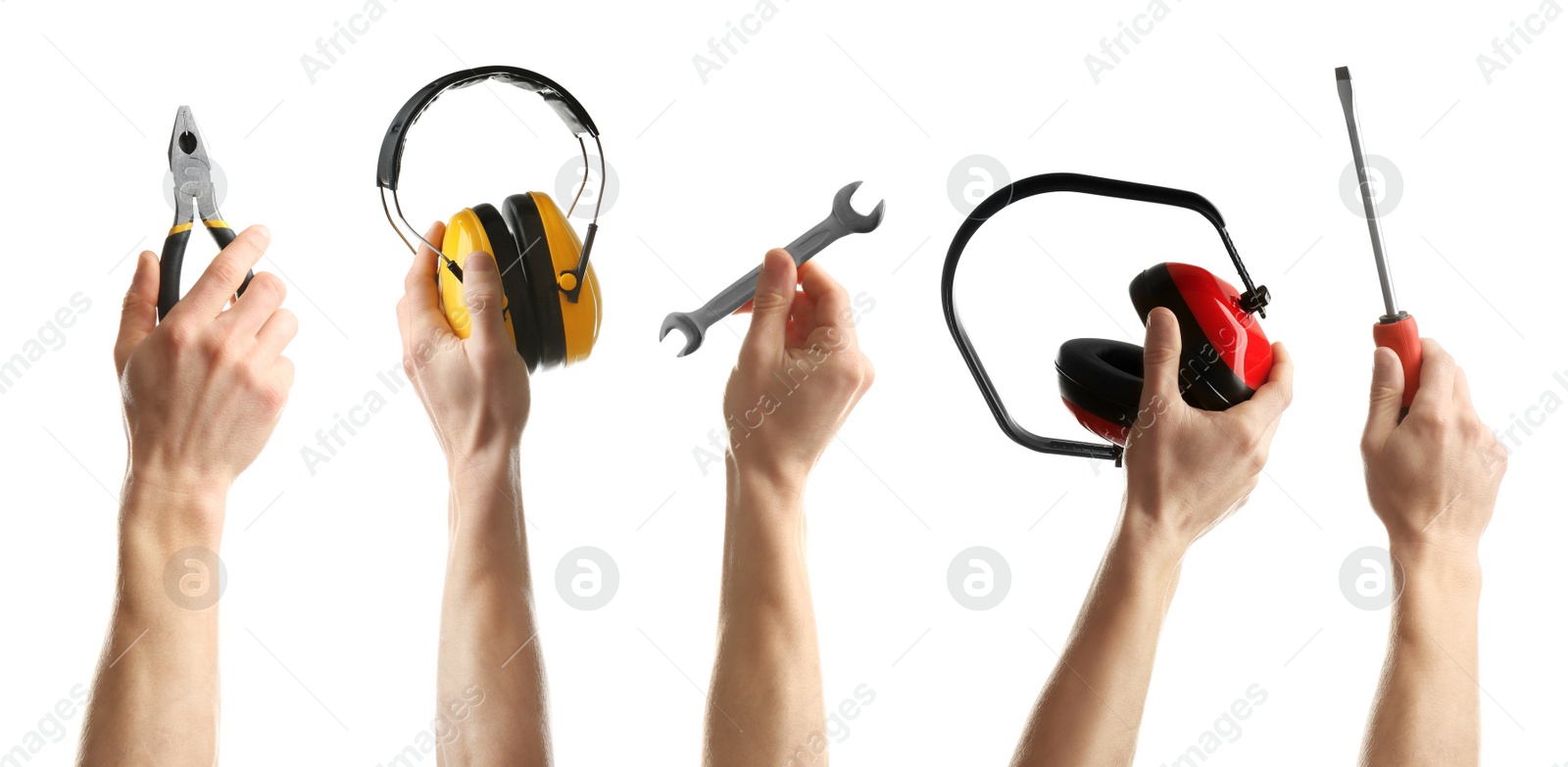 Image of Set with photos of electricians holding different tools on white background, closeup. Banner design