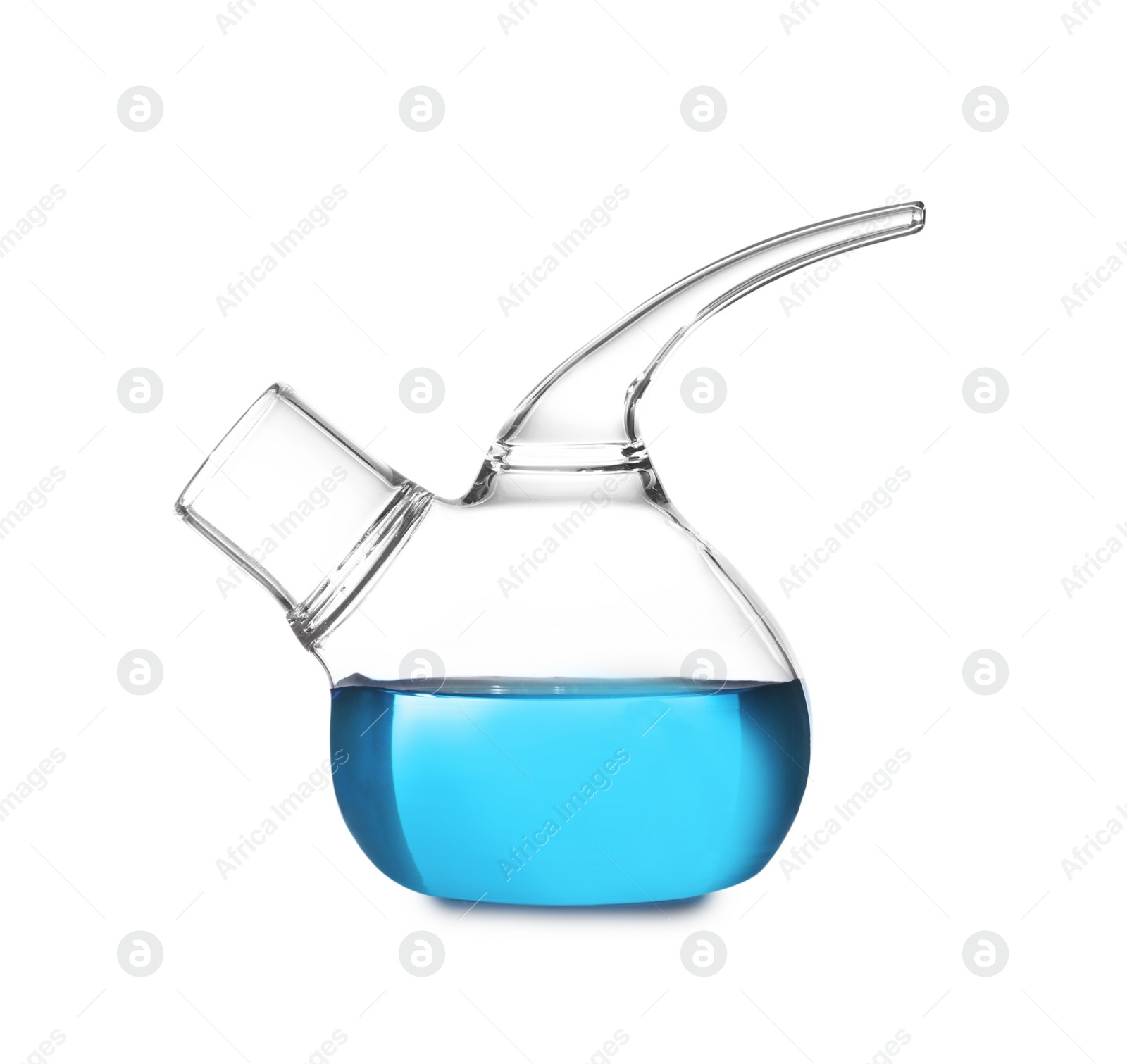 Photo of Laboratory glassware with liquid on white background. Solution chemistry