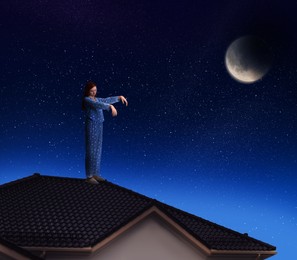 Image of Sleepwalker wearing pajamas on roof in night