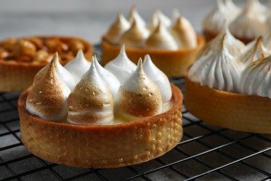 Many different tartlets on cooling tray, closeup. Tasty dessert