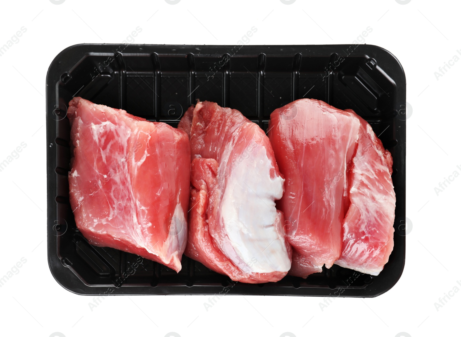 Photo of Plastic container with raw meat on white background, top view