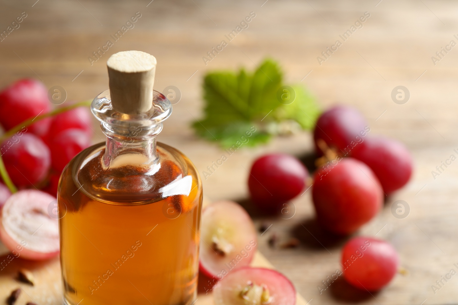 Photo of Bottle of natural grape seed oil, closeup with space for text. Organic cosmetic