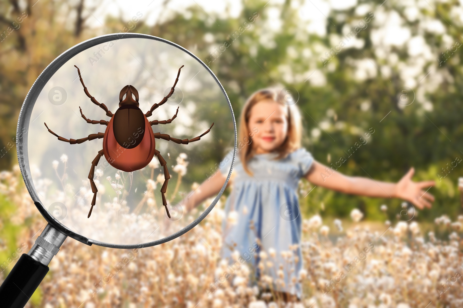 Image of Seasonal hazard of outdoor recreation. Girl playing in nature. Illustration of magnifying glass with tick, selective focus