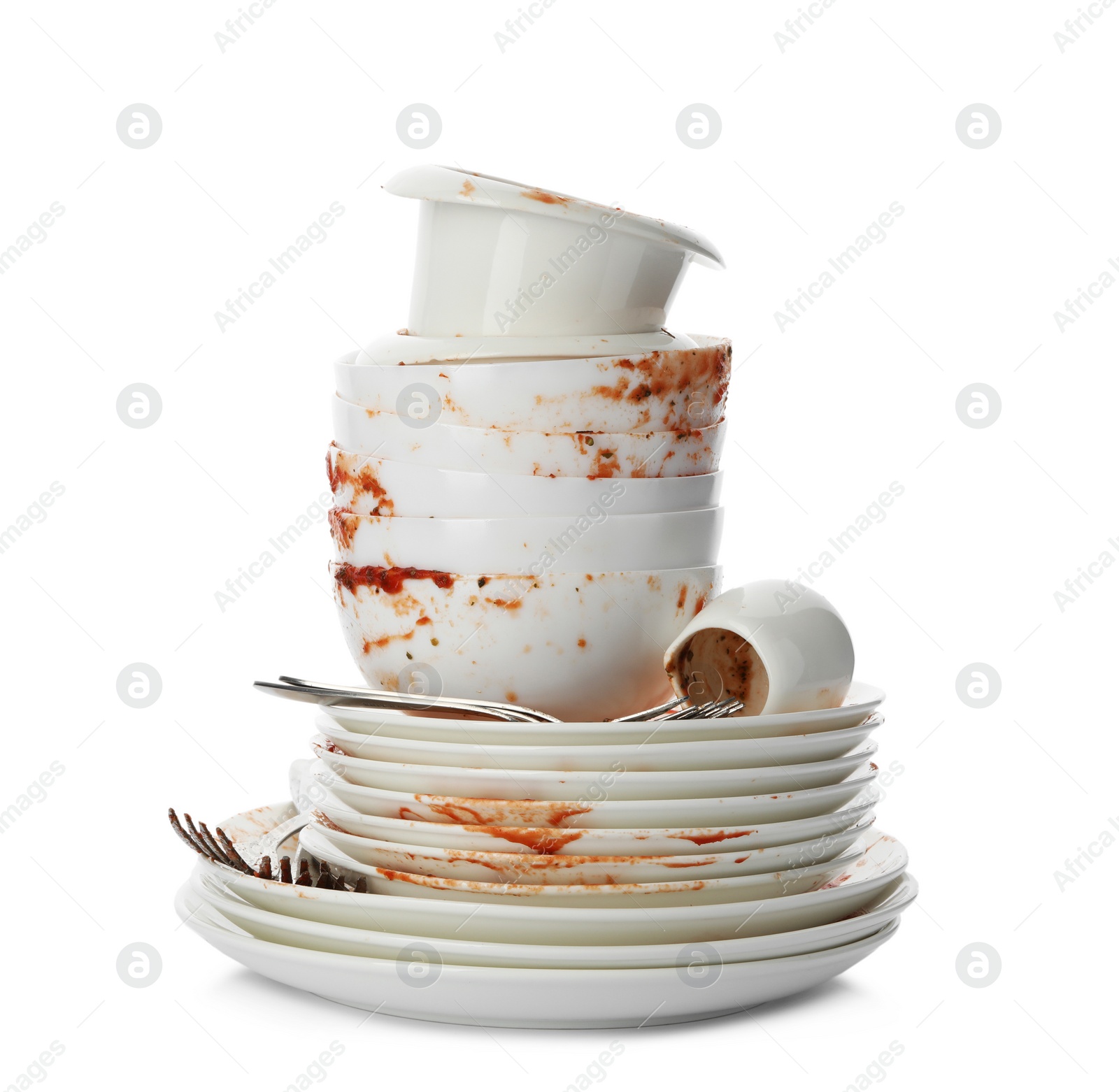 Photo of Set of dirty dishes isolated on white