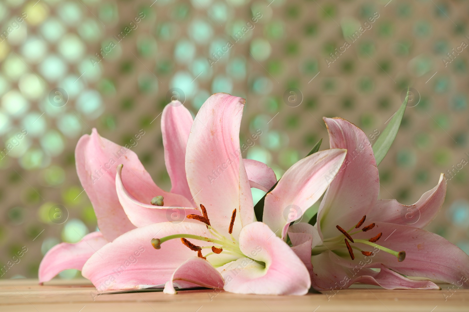 Photo of Beautiful pink lily flowers on wooden table