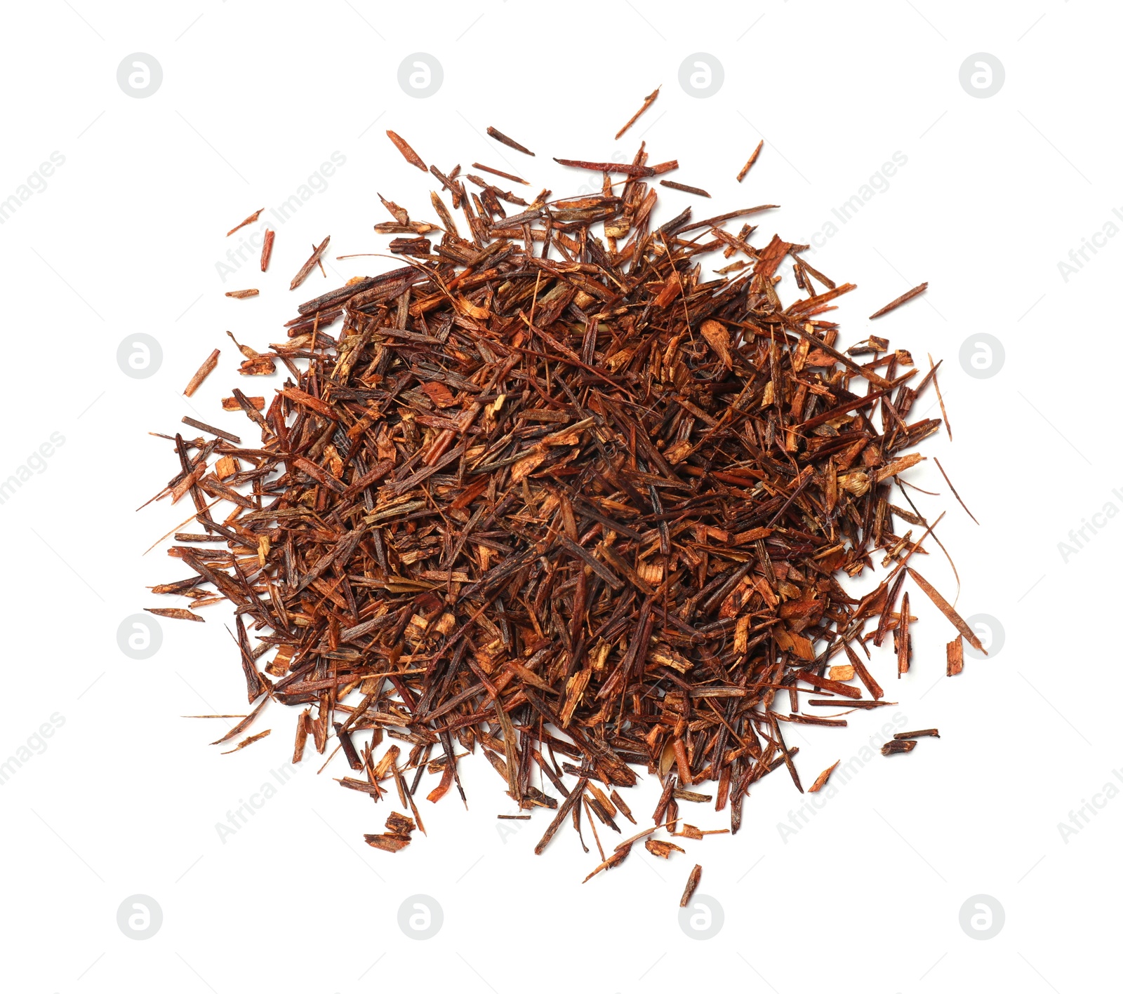 Photo of Heap of rooibos tea isolated on white, top view