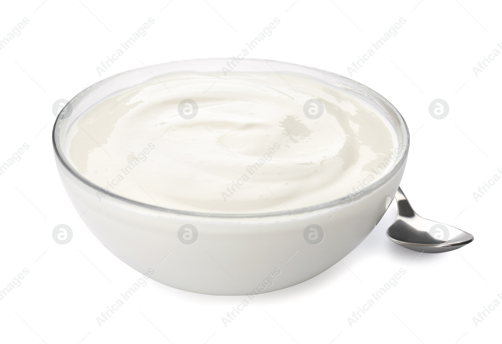 Photo of Bowl with yummy yogurt on white background