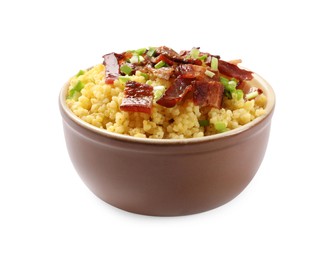 Photo of Tasty millet porridge with bacon and green onion in bowl isolated on white