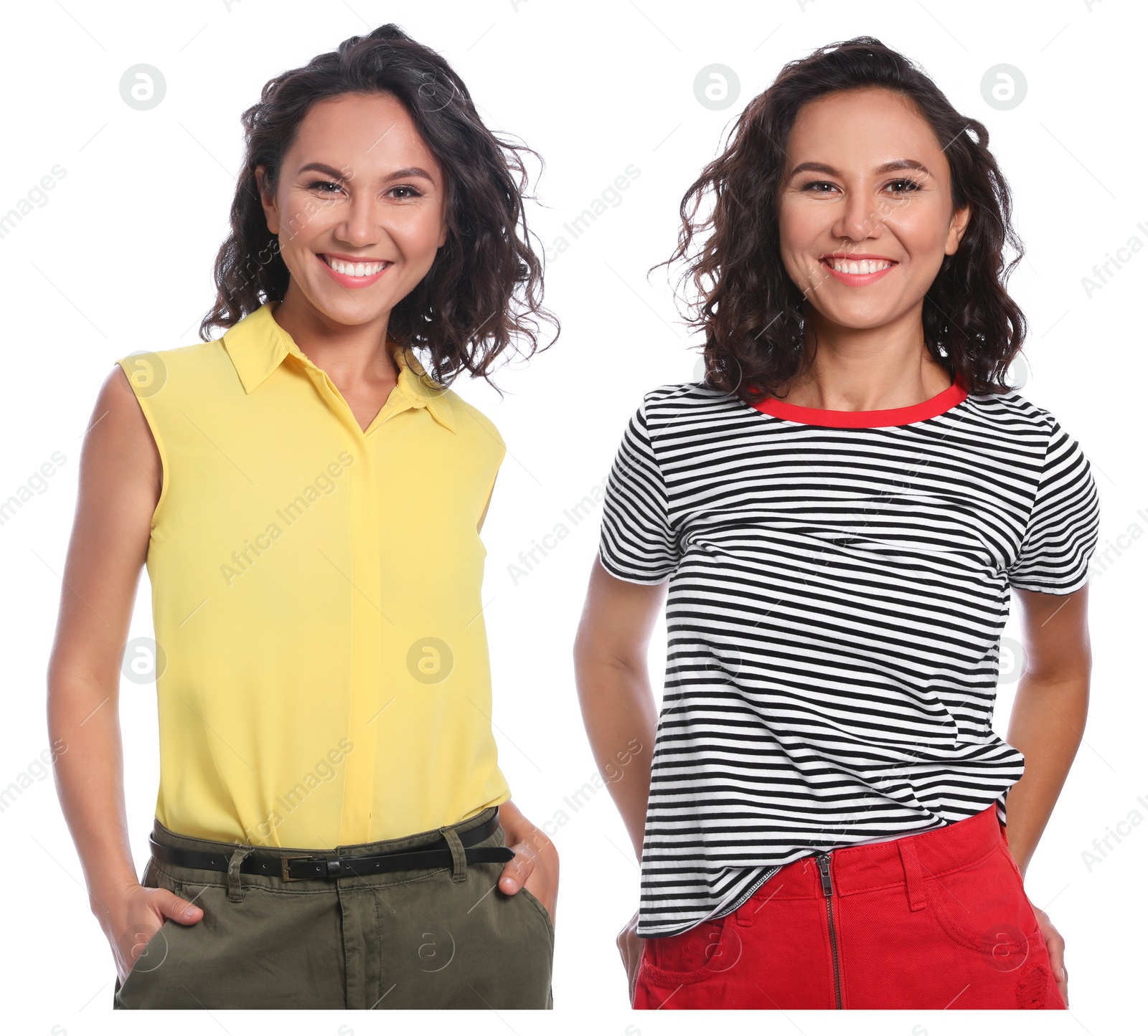 Image of Portrait of twin sisters on white background