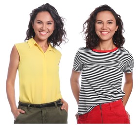 Portrait of twin sisters on white background