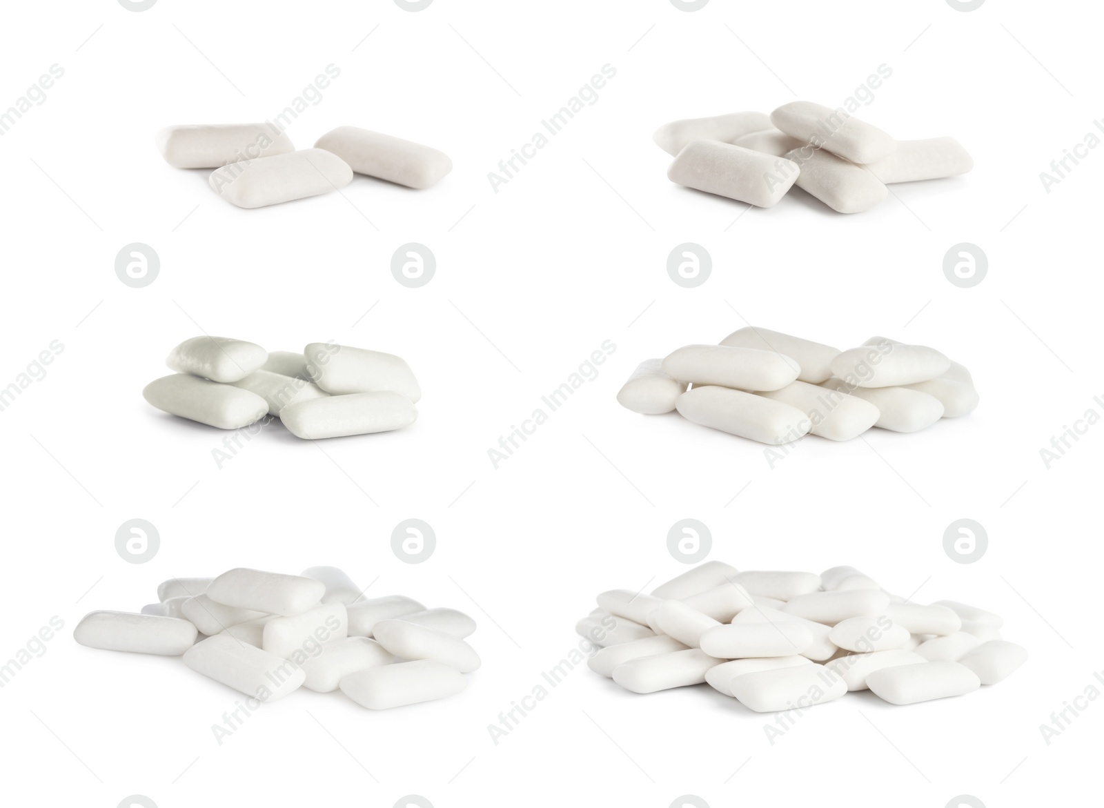 Image of Set with pieces of chewing gum on white background