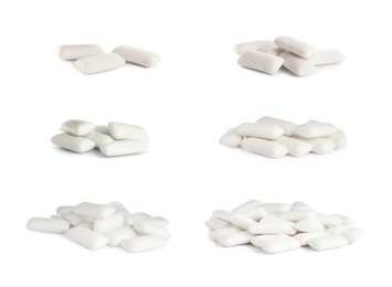 Image of Set with pieces of chewing gum on white background