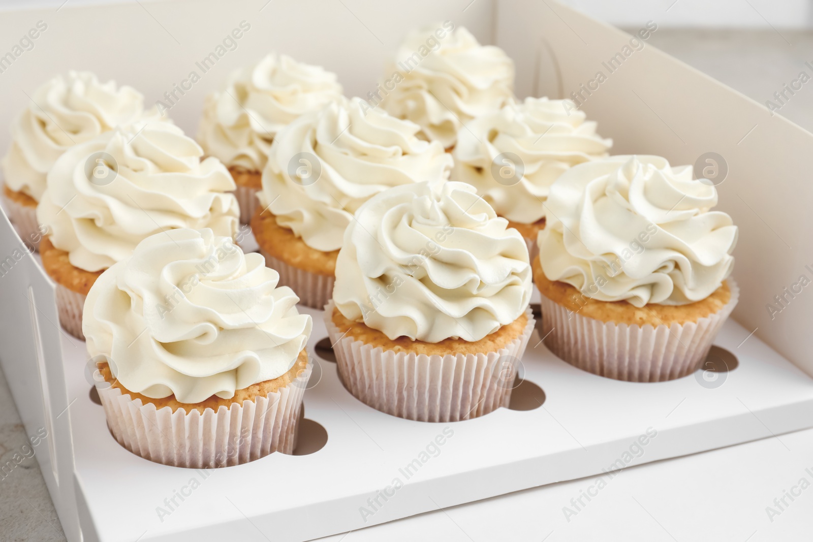 Photo of Tasty cupcakes with vanilla cream in box, closeup