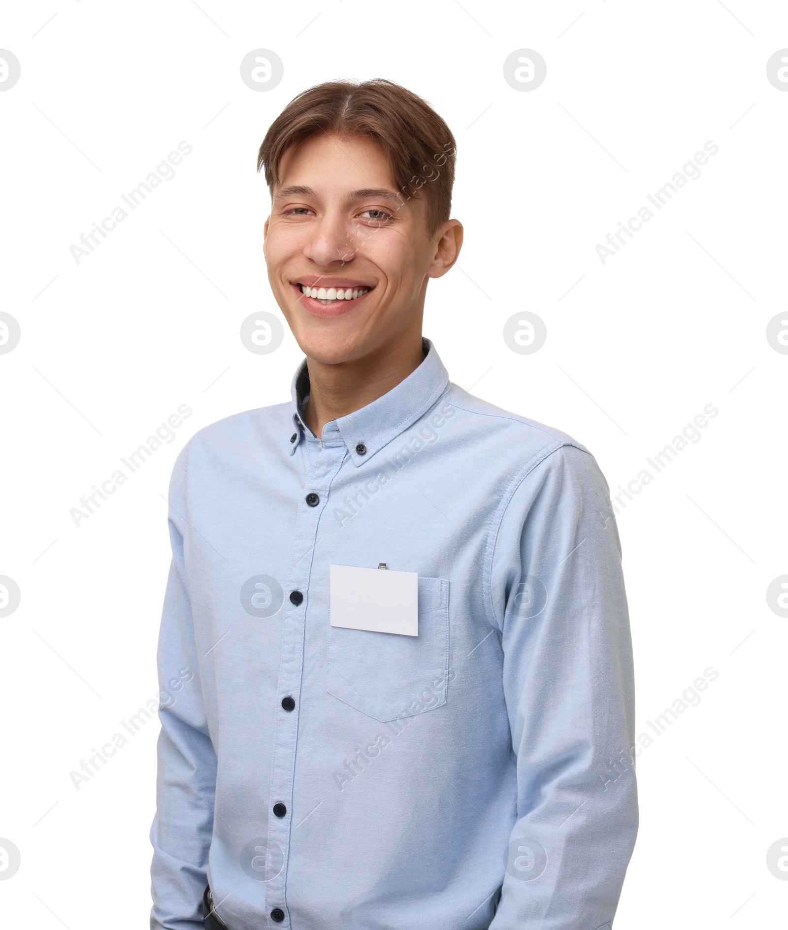 Photo of Happy man with blank badge on white background