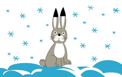 Illustration of Drawing of cute little bunny on snow. Child art