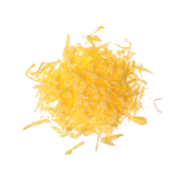 Pile of grated cheese on white background