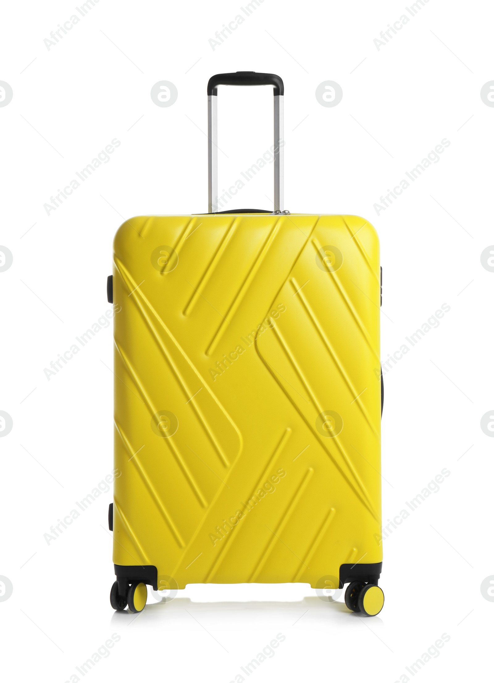 Photo of Yellow suitcase for travelling on white background