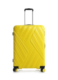 Yellow suitcase for travelling on white background