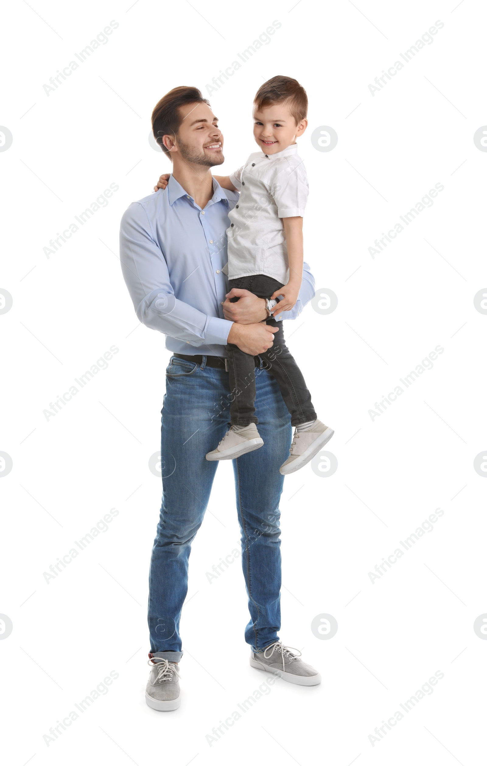 Photo of Portrait of dad and his son isolated on white