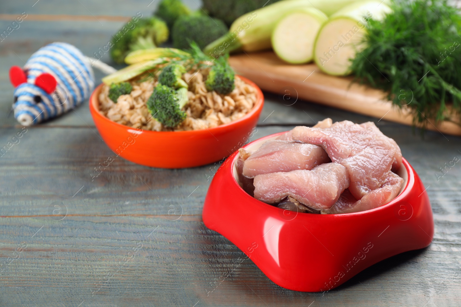 Photo of Natural pet food in bowls on light blue wooden table, closeup