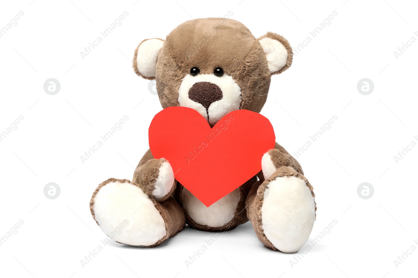 Photo of Cute teddy bear with blank red heart shaped card isolated on white, space for text