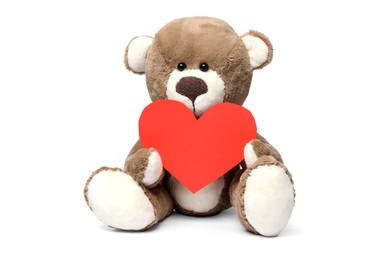 Photo of Cute teddy bear with blank red heart shaped card isolated on white, space for text
