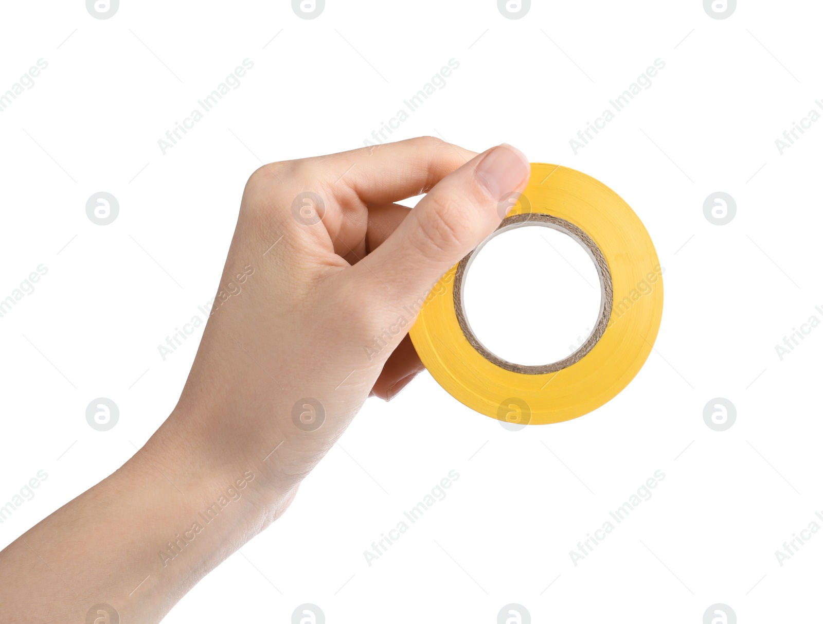 Photo of Woman holding yellow insulating tape on white background, closeup