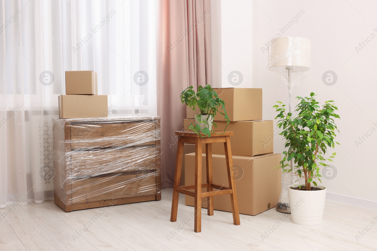 Photo of Boxes, lamp and chest of drawers wrapped in stretch film indoors