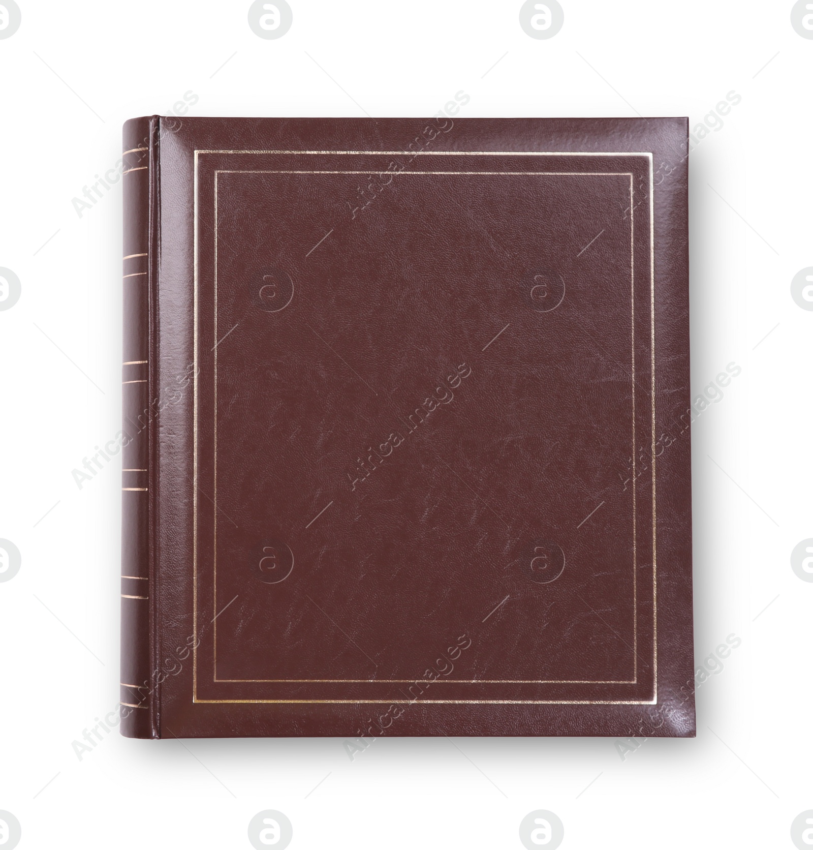 Photo of Photo album with leather cover isolated on white, top view