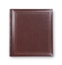 Photo album with leather cover isolated on white, top view